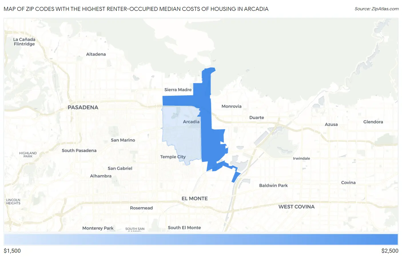 Zip Codes with the Highest Renter-Occupied Median Costs of Housing in Arcadia Map