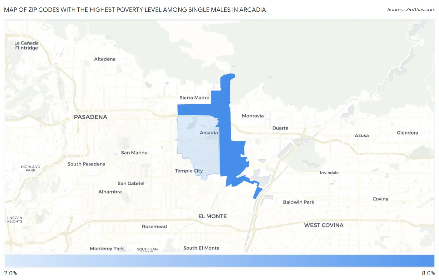 Zip Codes with the Highest Poverty Level Among Single Males in Arcadia Map