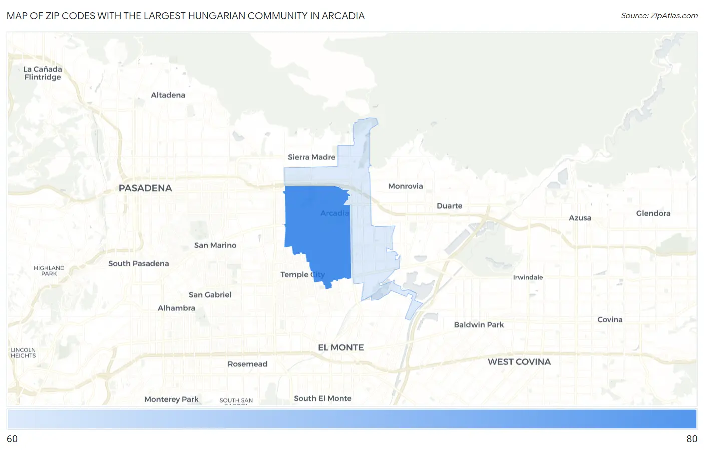 Zip Codes with the Largest Hungarian Community in Arcadia Map