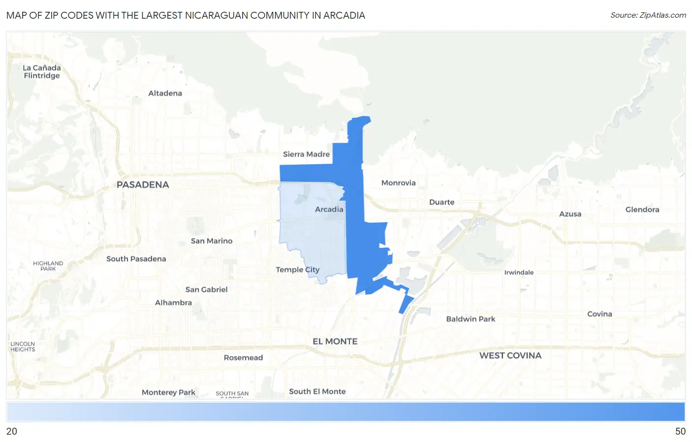 Zip Codes with the Largest Nicaraguan Community in Arcadia Map