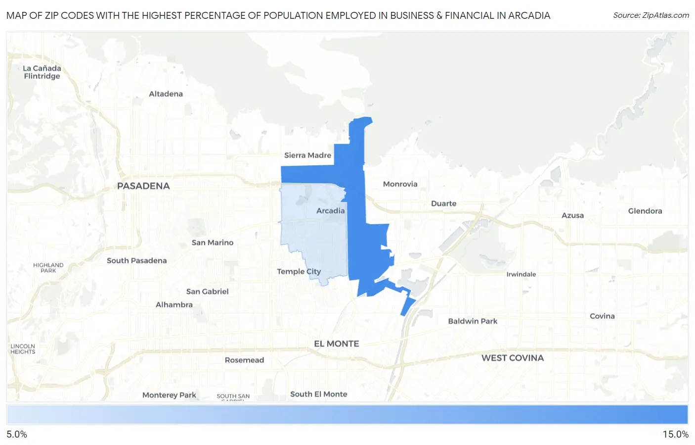 Zip Codes with the Highest Percentage of Population Employed in Business & Financial in Arcadia Map