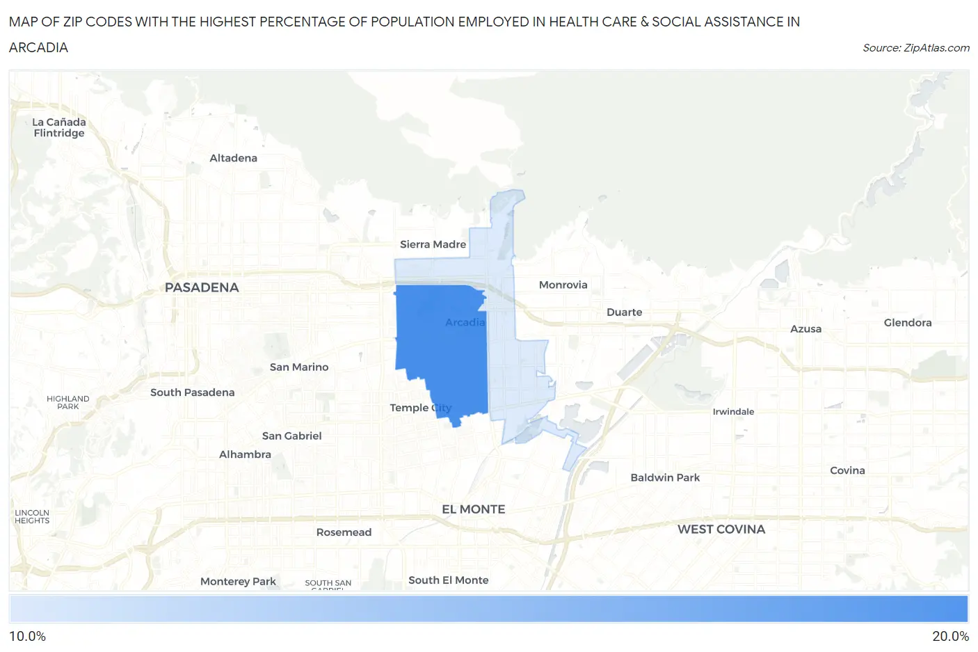Zip Codes with the Highest Percentage of Population Employed in Health Care & Social Assistance in Arcadia Map
