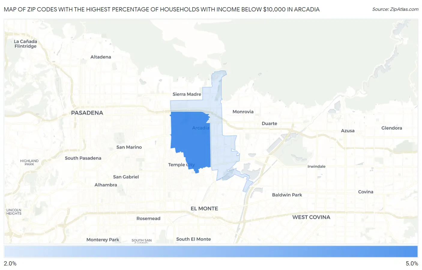 Zip Codes with the Highest Percentage of Households with Income Below $10,000 in Arcadia Map