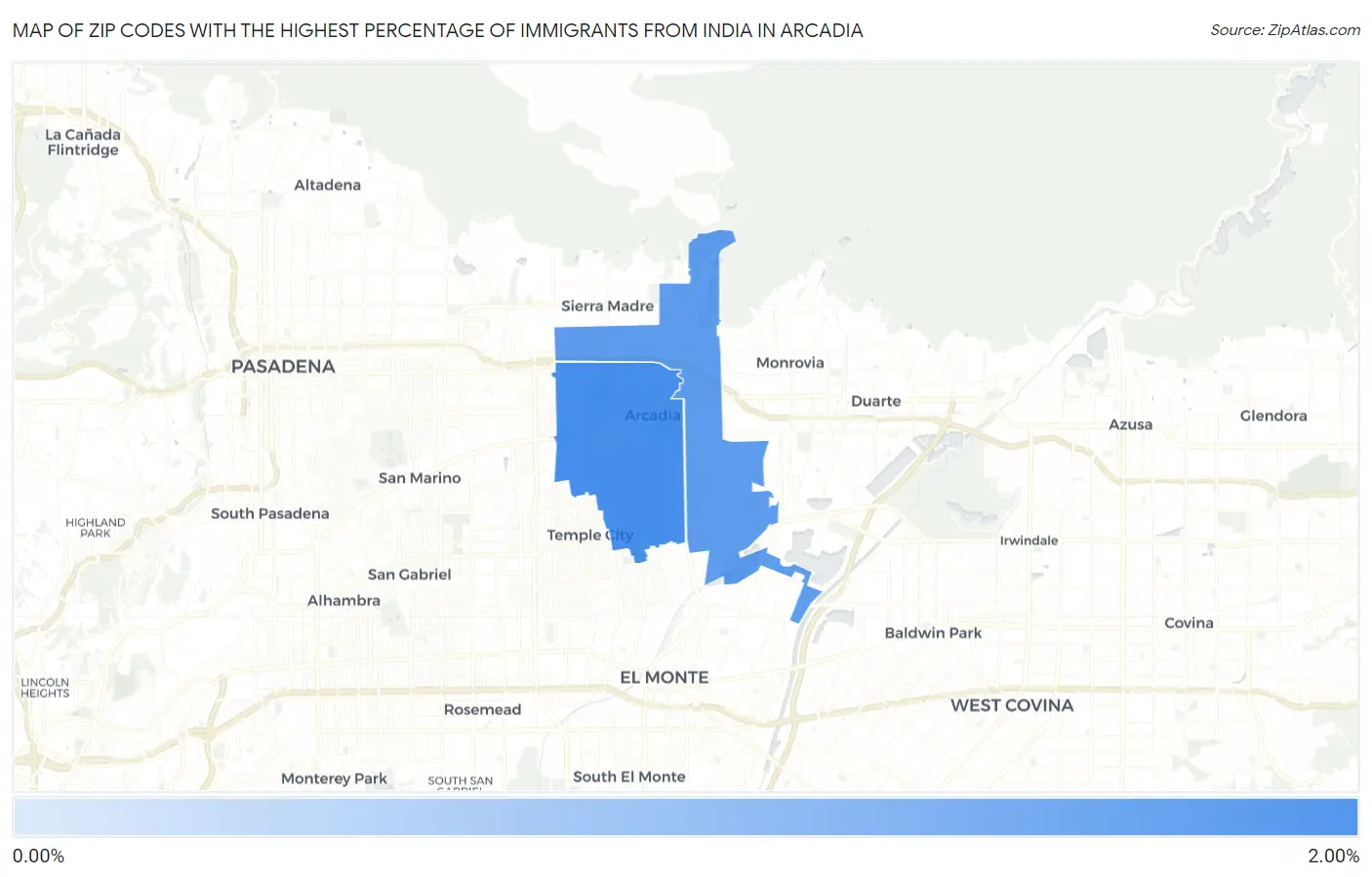 Zip Codes with the Highest Percentage of Immigrants from India in Arcadia Map