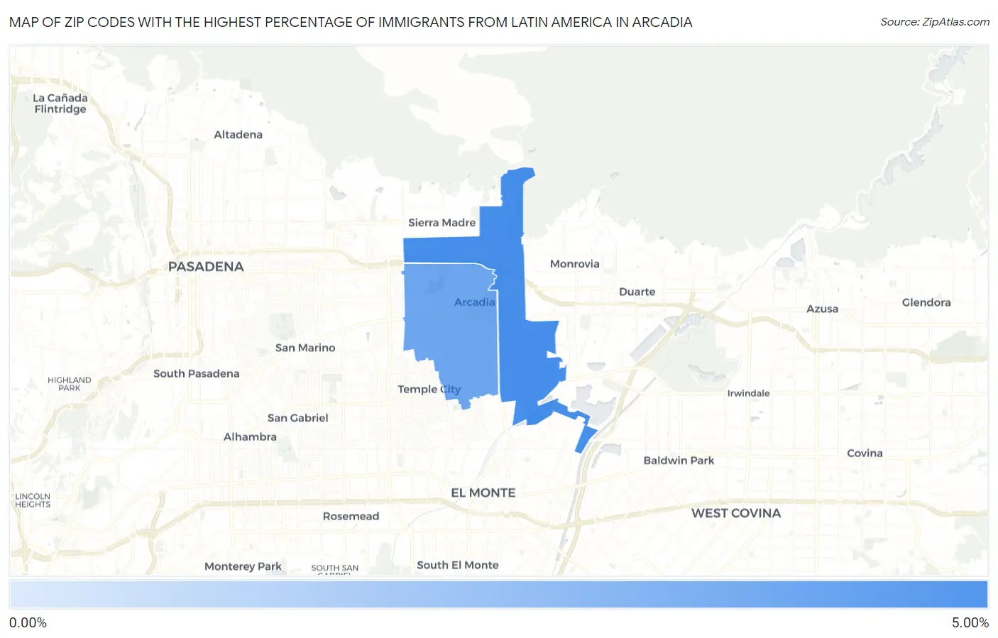 Zip Codes with the Highest Percentage of Immigrants from Latin America in Arcadia Map