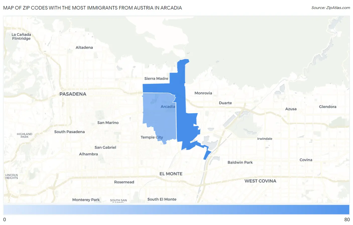 Zip Codes with the Most Immigrants from Austria in Arcadia Map