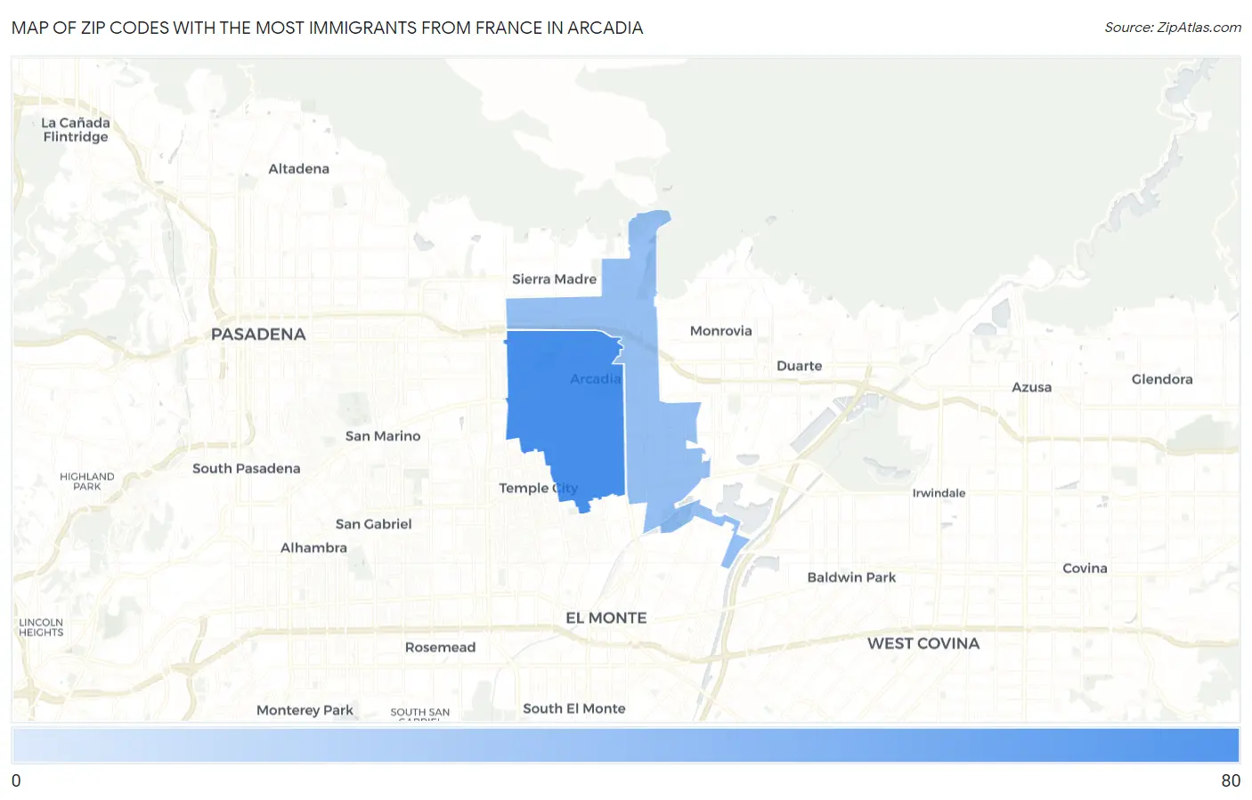 Zip Codes with the Most Immigrants from France in Arcadia Map