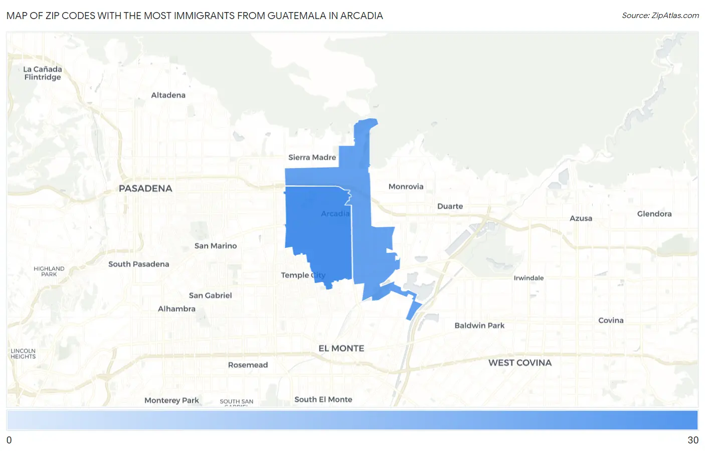 Zip Codes with the Most Immigrants from Guatemala in Arcadia Map
