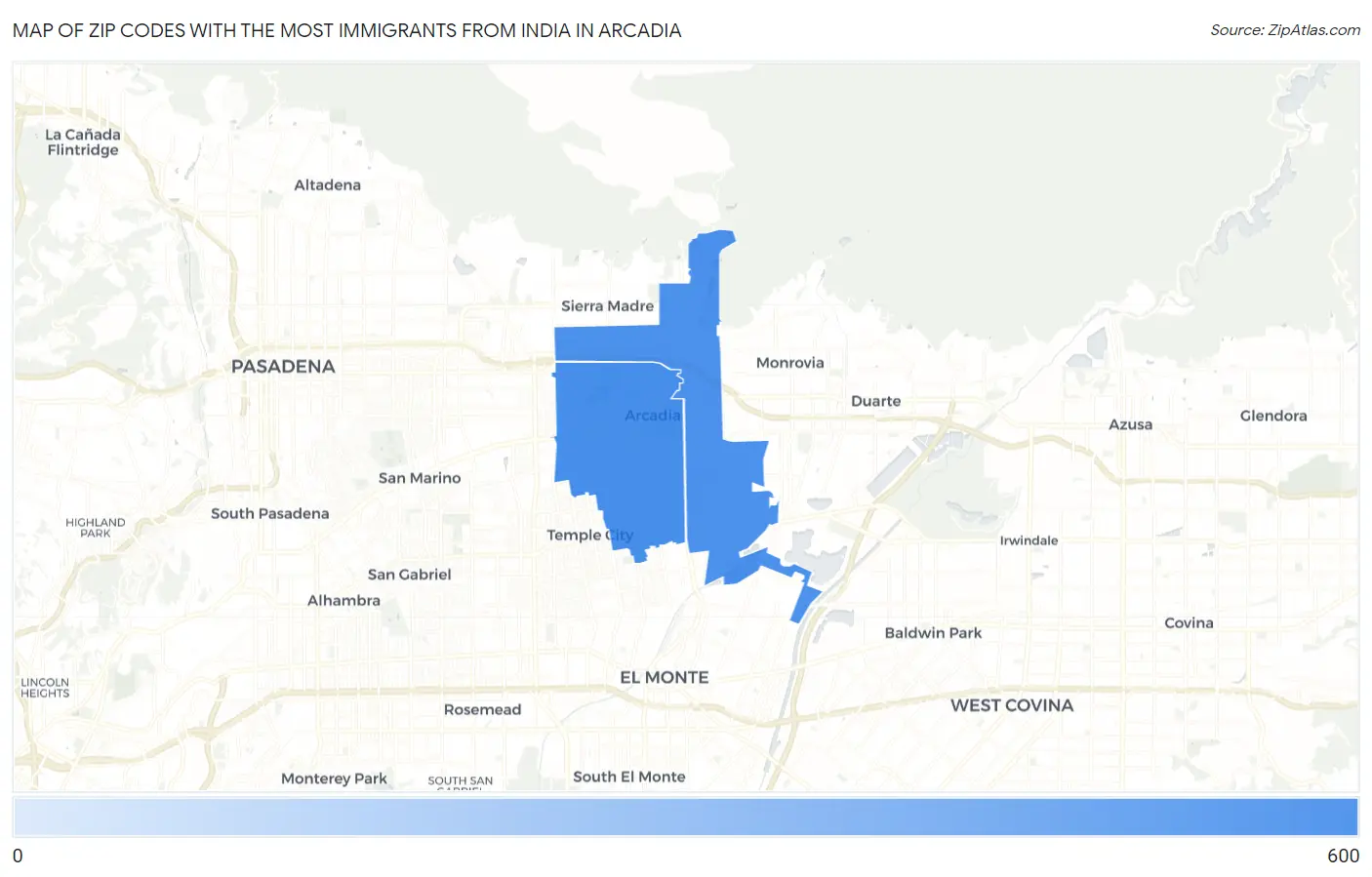 Zip Codes with the Most Immigrants from India in Arcadia Map