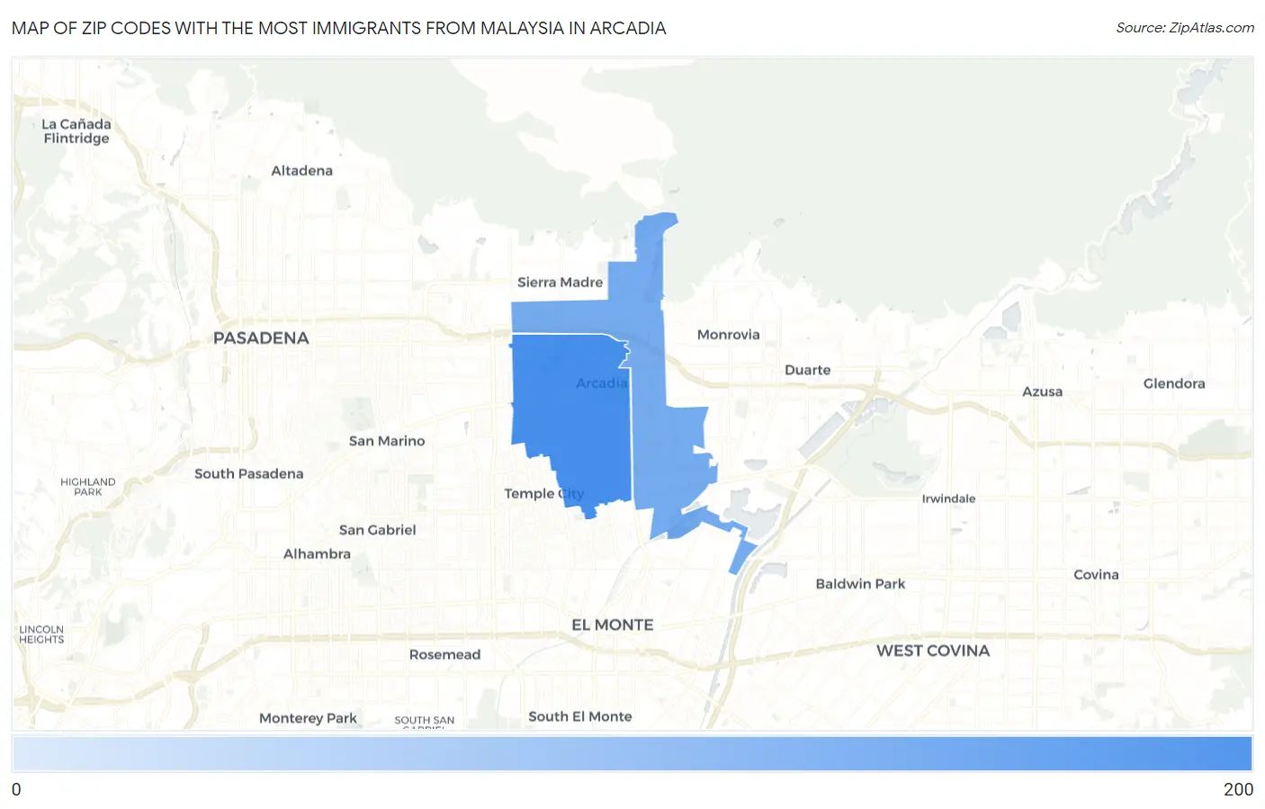 Zip Codes with the Most Immigrants from Malaysia in Arcadia Map