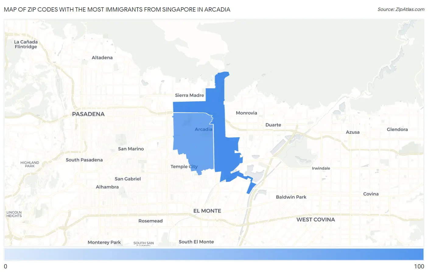 Zip Codes with the Most Immigrants from Singapore in Arcadia Map