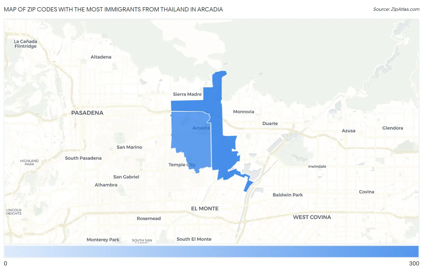 Zip Codes with the Most Immigrants from Thailand in Arcadia Map