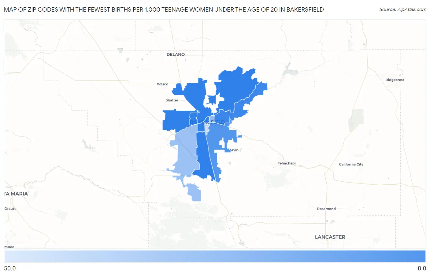 Zip Codes with the Fewest Births per 1,000 Teenage Women Under the Age of 20 in Bakersfield Map