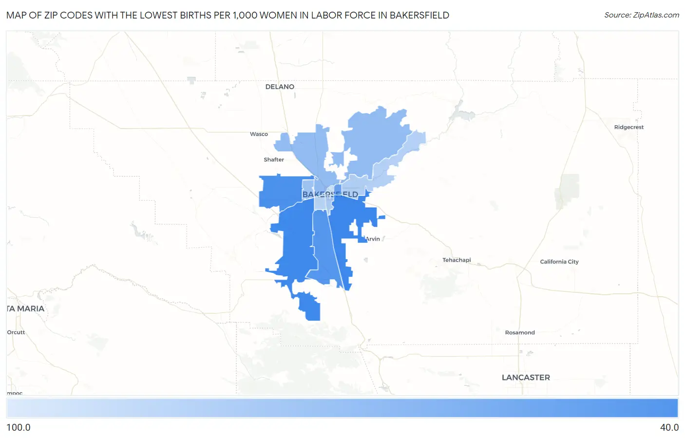 Zip Codes with the Lowest Births per 1,000 Women in Labor Force in Bakersfield Map