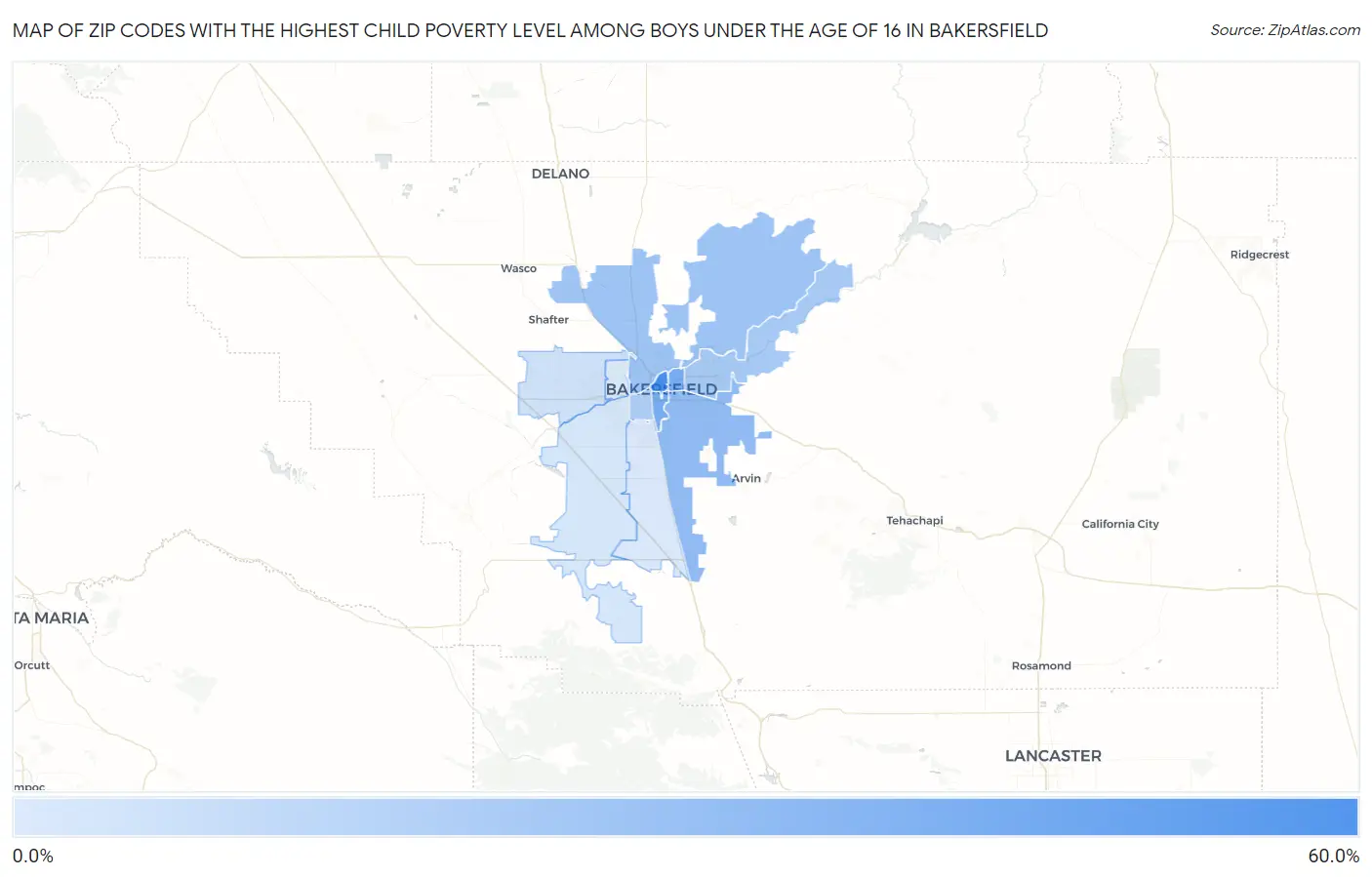 Zip Codes with the Highest Child Poverty Level Among Boys Under the Age of 16 in Bakersfield Map