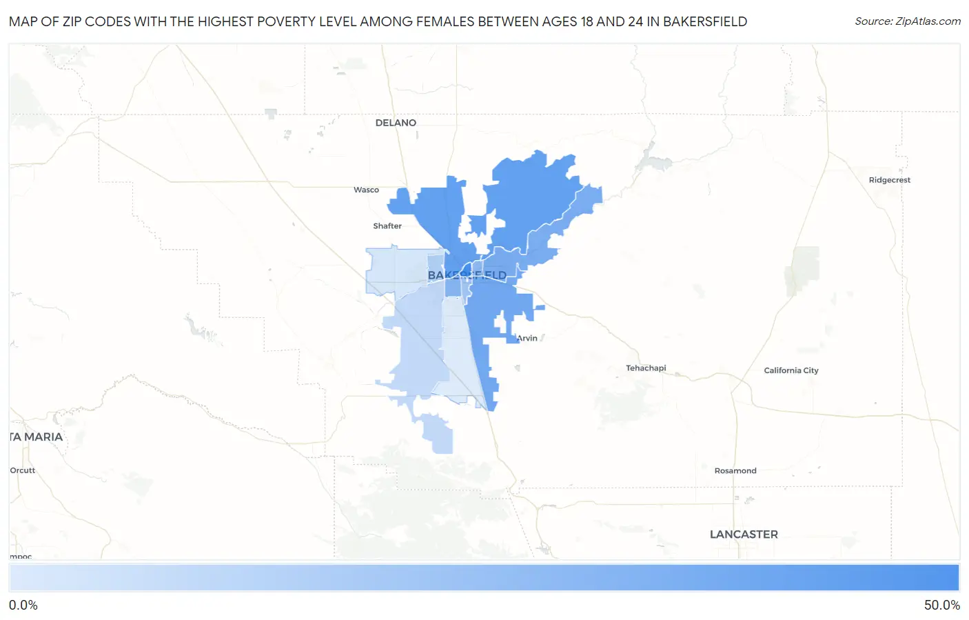 Zip Codes with the Highest Poverty Level Among Females Between Ages 18 and 24 in Bakersfield Map