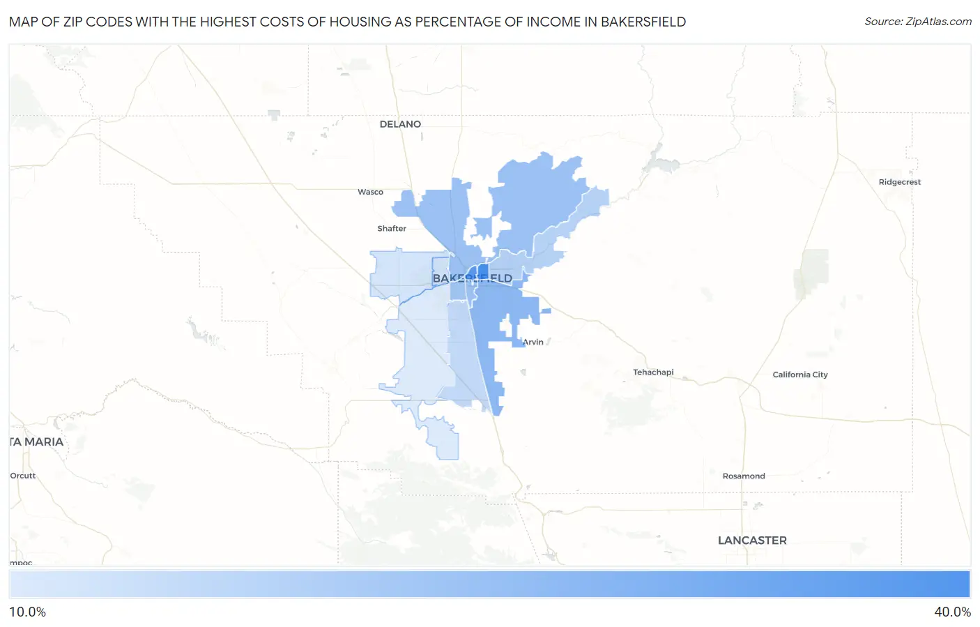 Zip Codes with the Highest Costs of Housing as Percentage of Income in Bakersfield Map