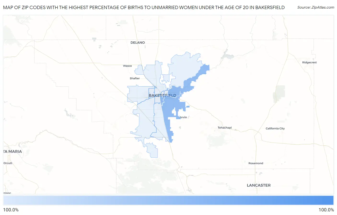 Zip Codes with the Highest Percentage of Births to Unmarried Women under the Age of 20 in Bakersfield Map