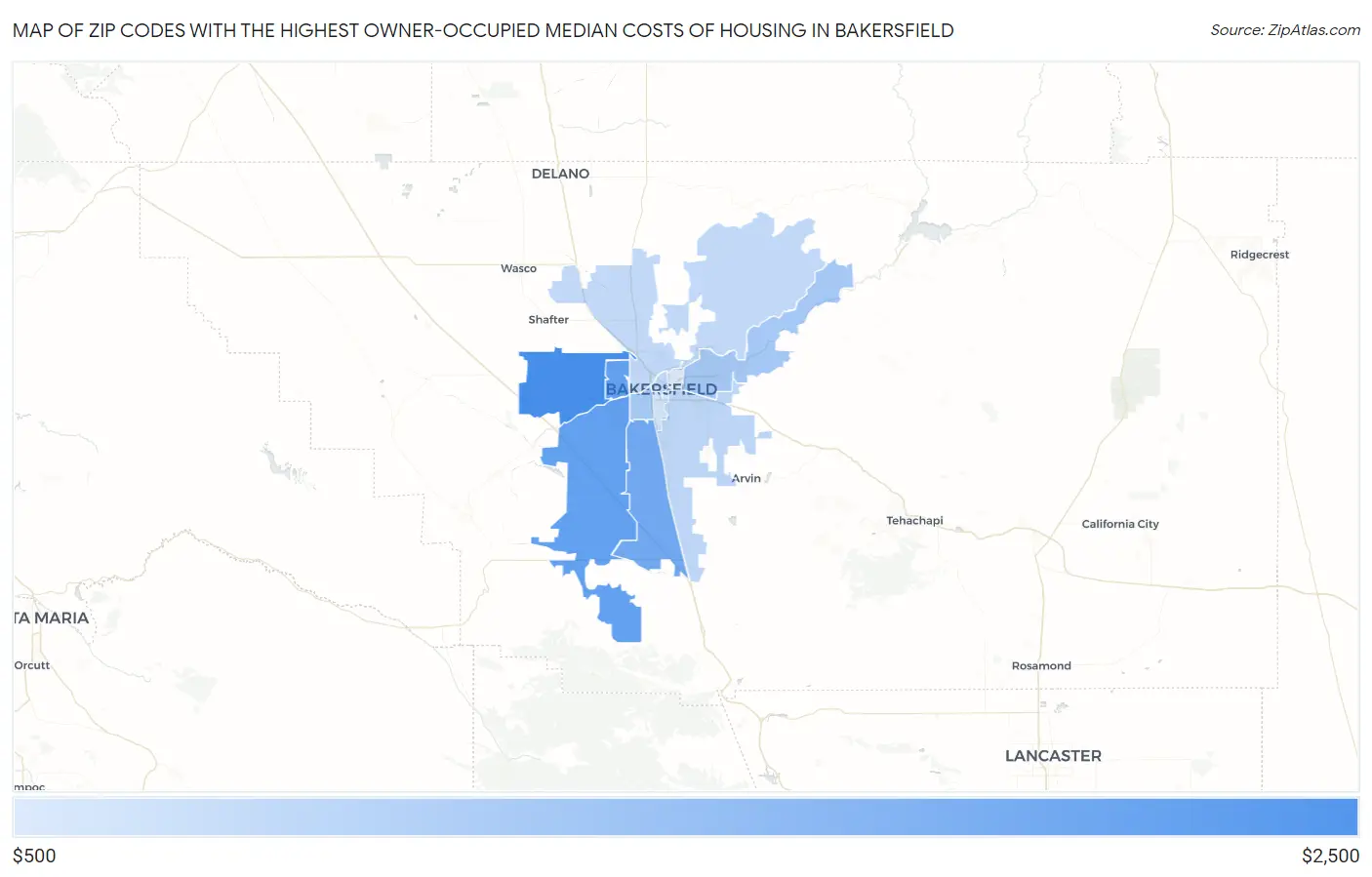 Zip Codes with the Highest Owner-Occupied Median Costs of Housing in Bakersfield Map