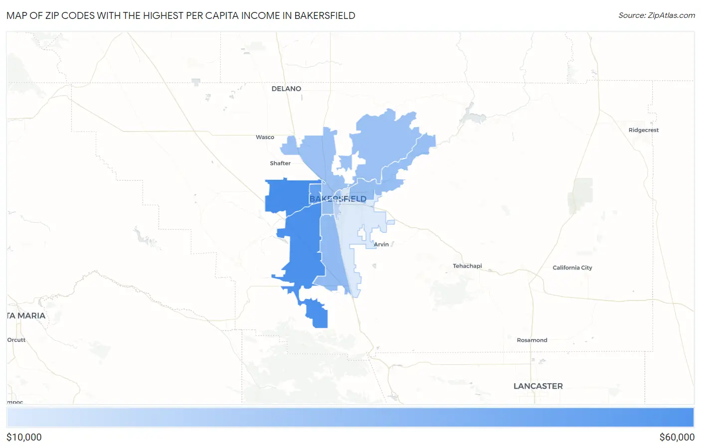Zip Codes with the Highest Per Capita Income in Bakersfield Map