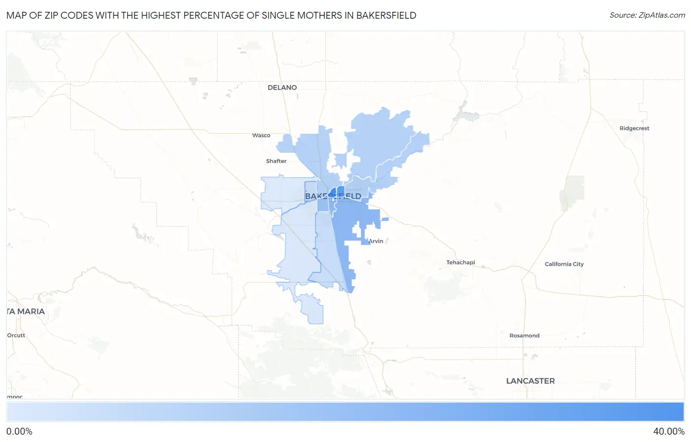 Zip Codes with the Highest Percentage of Single Mothers in Bakersfield Map
