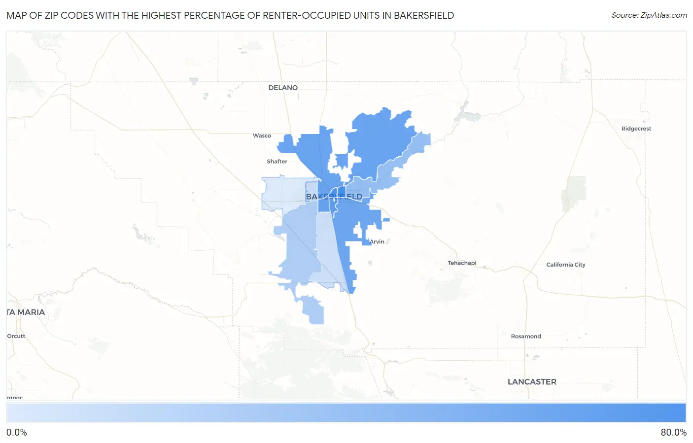 Zip Codes with the Highest Percentage of Renter-Occupied Units in Bakersfield Map