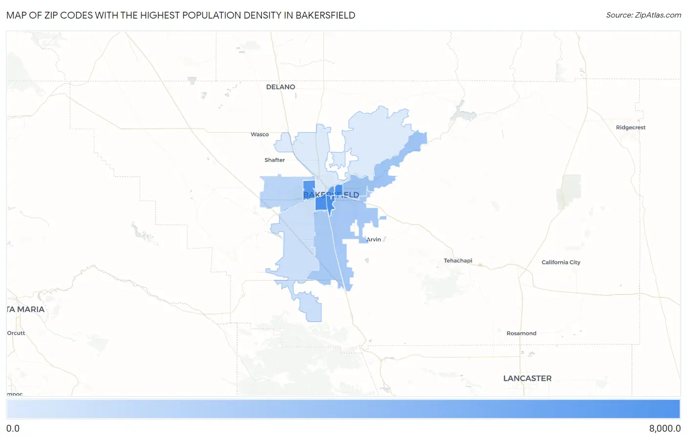 Zip Codes with the Highest Population Density in Bakersfield Map