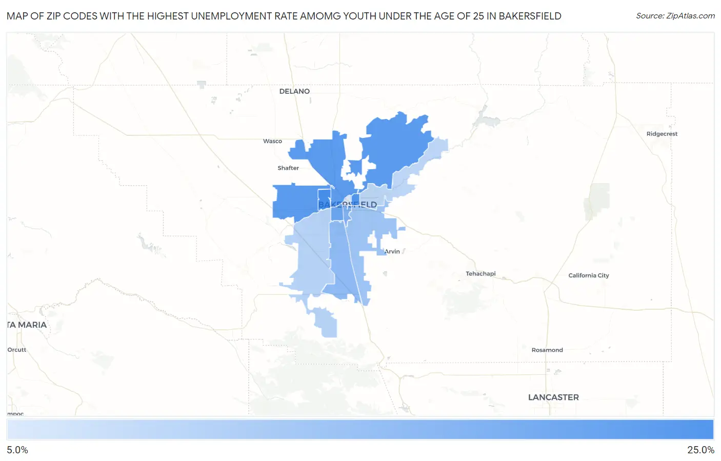 Zip Codes with the Highest Unemployment Rate Amomg Youth Under the Age of 25 in Bakersfield Map