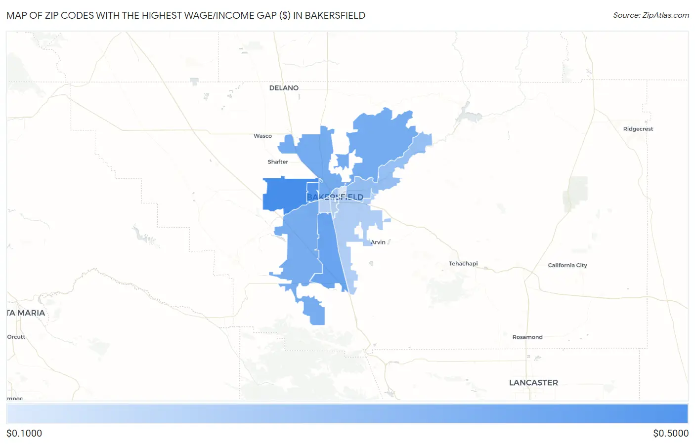 Zip Codes with the Highest Wage/Income Gap ($) in Bakersfield Map