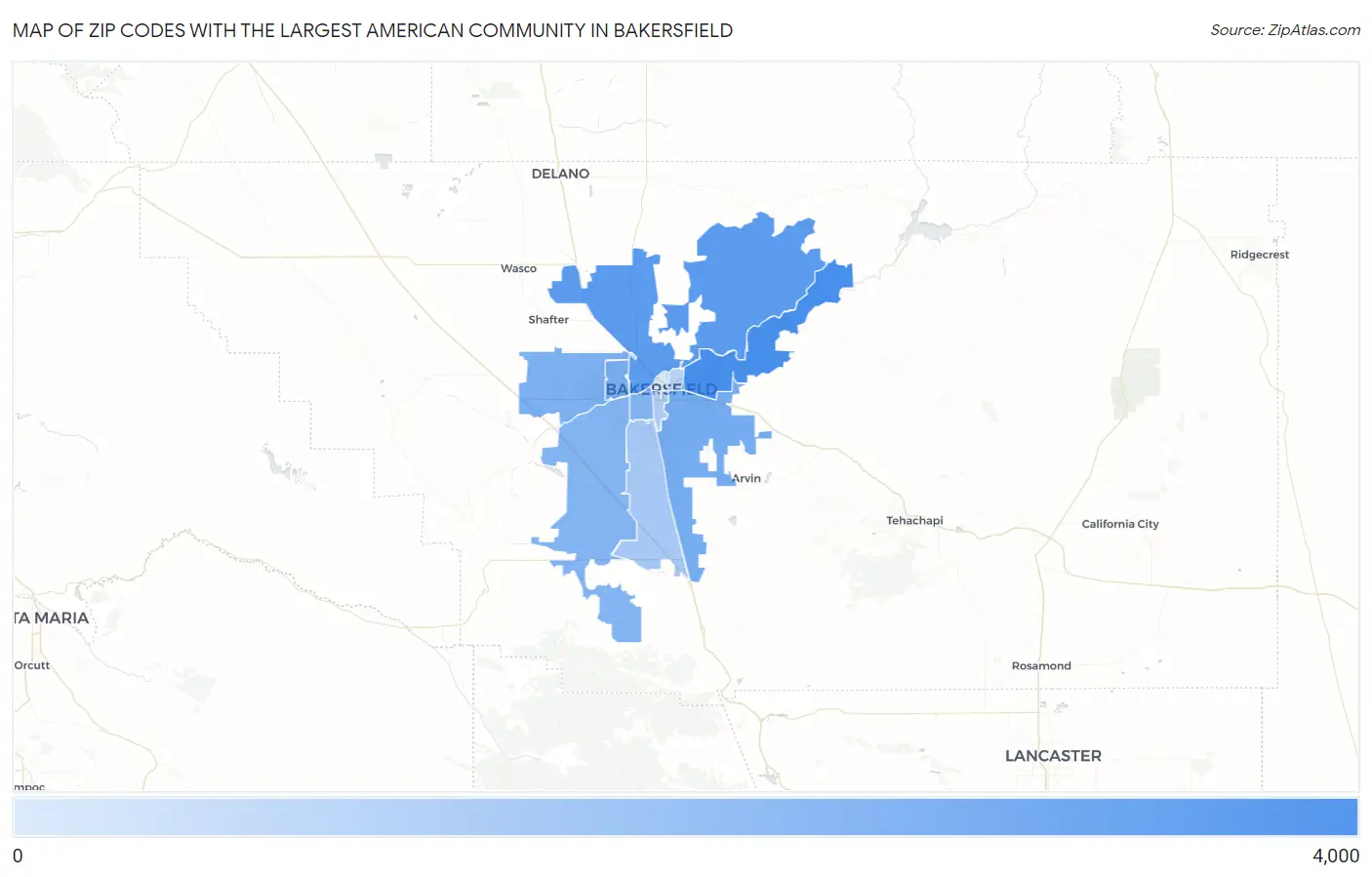 Zip Codes with the Largest American Community in Bakersfield Map