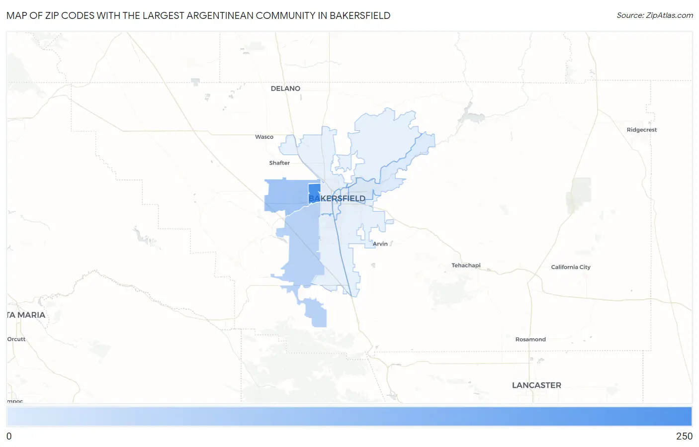Zip Codes with the Largest Argentinean Community in Bakersfield Map