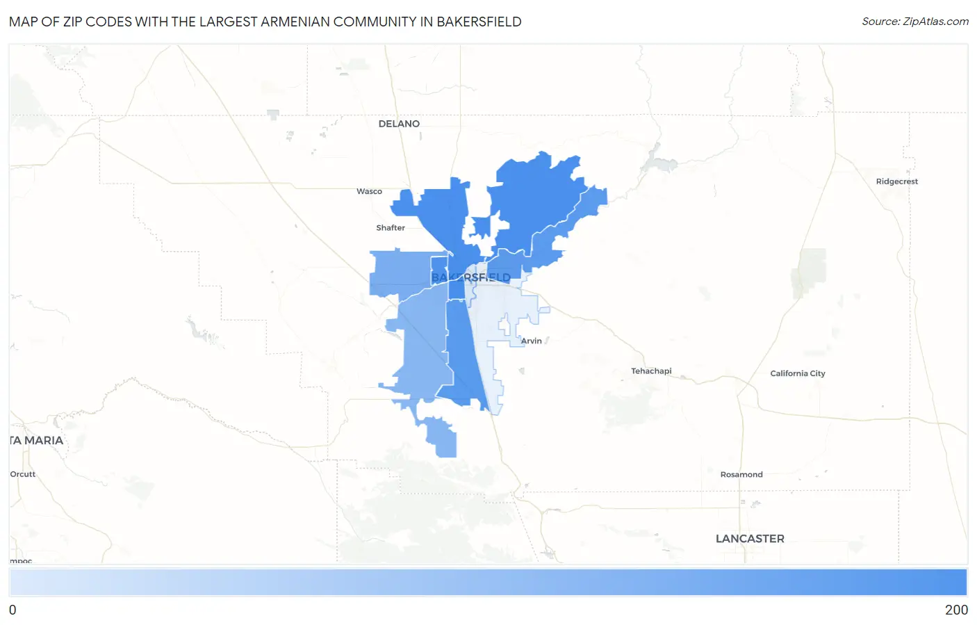 Zip Codes with the Largest Armenian Community in Bakersfield Map