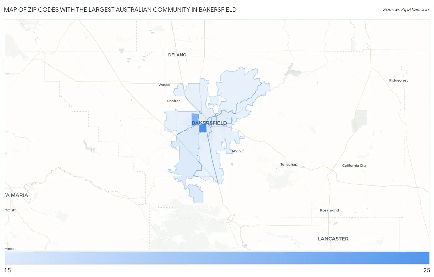 Zip Codes with the Largest Australian Community in Bakersfield Map