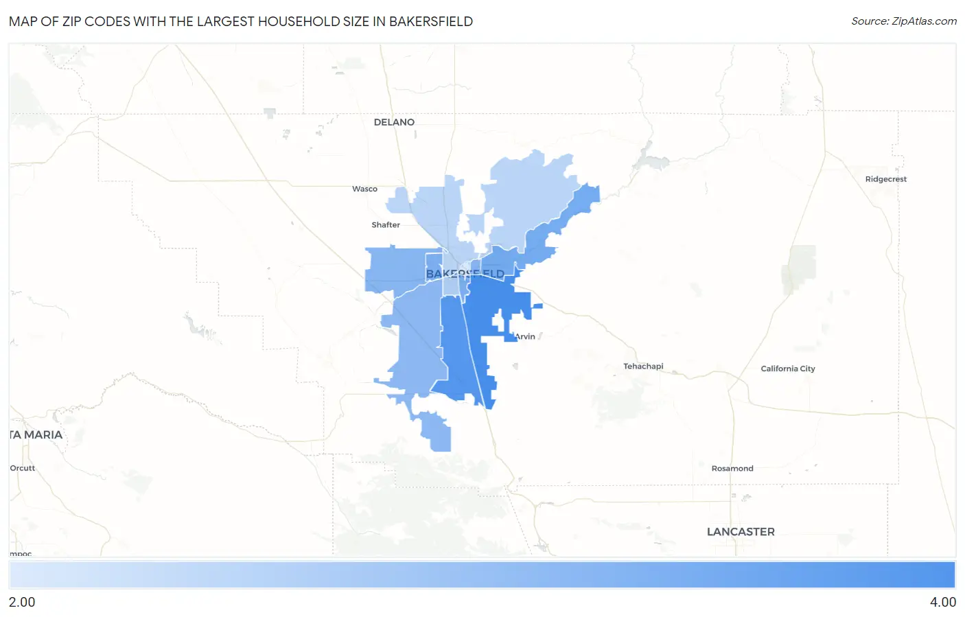 Zip Codes with the Largest Household Size in Bakersfield Map