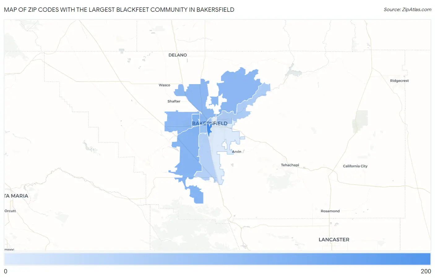 Zip Codes with the Largest Blackfeet Community in Bakersfield Map