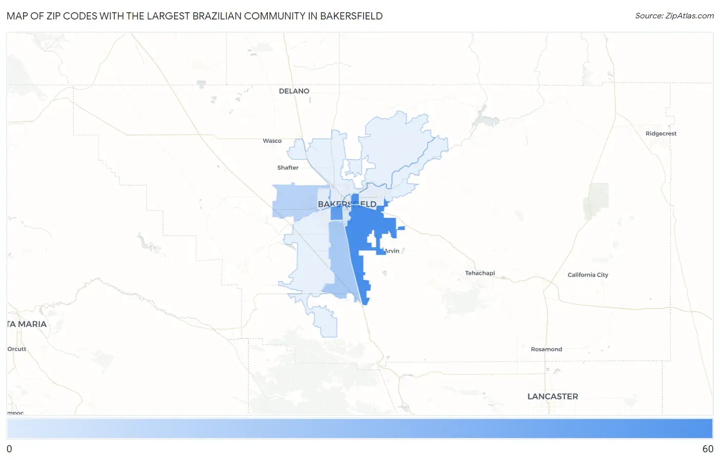 Zip Codes with the Largest Brazilian Community in Bakersfield Map