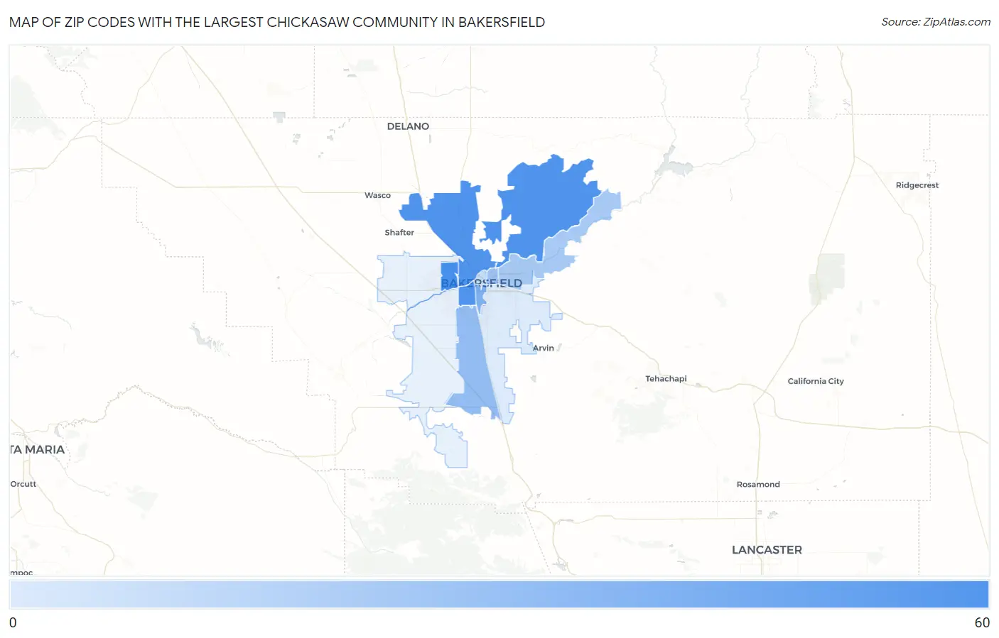Zip Codes with the Largest Chickasaw Community in Bakersfield Map