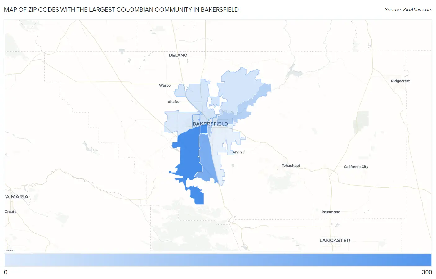 Zip Codes with the Largest Colombian Community in Bakersfield Map