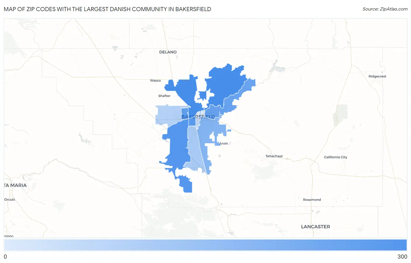 Zip Codes with the Largest Danish Community in Bakersfield Map