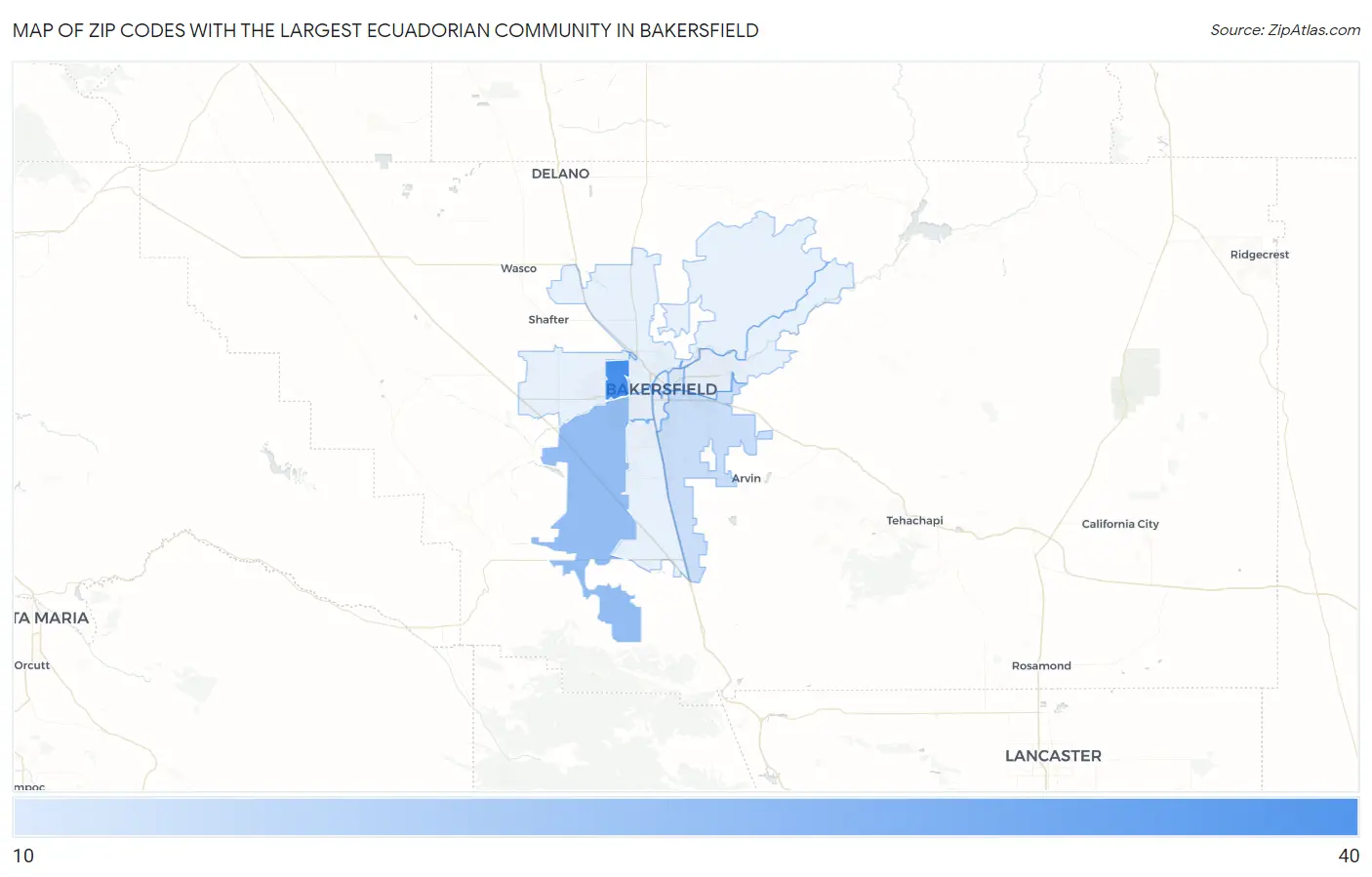 Zip Codes with the Largest Ecuadorian Community in Bakersfield Map