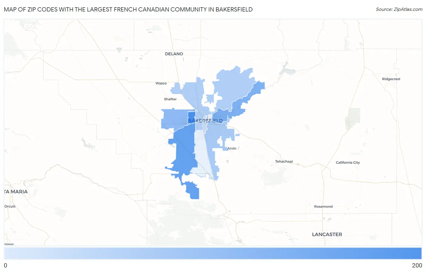 Zip Codes with the Largest French Canadian Community in Bakersfield Map