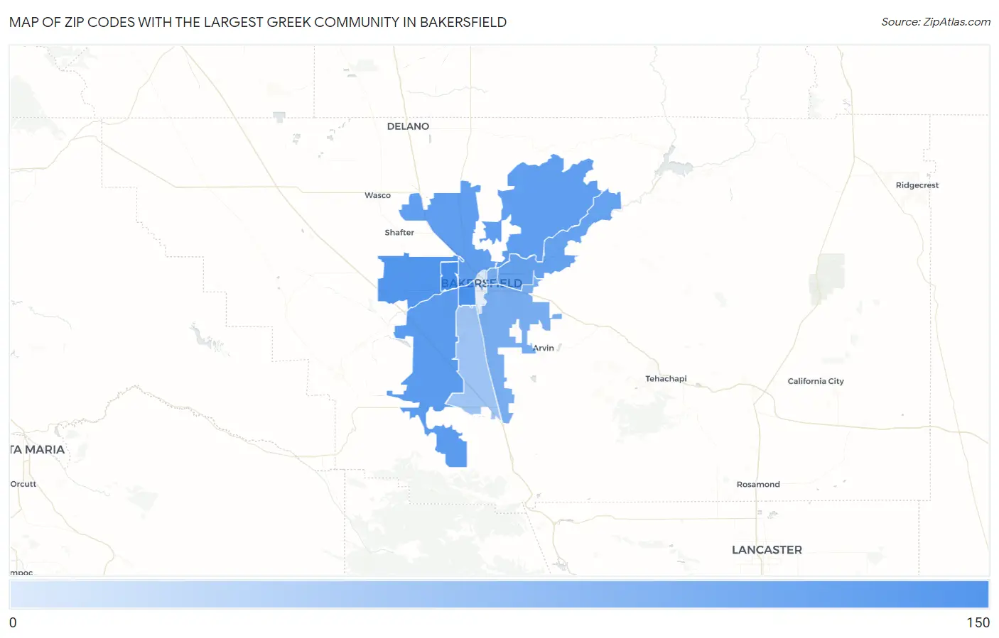 Zip Codes with the Largest Greek Community in Bakersfield Map