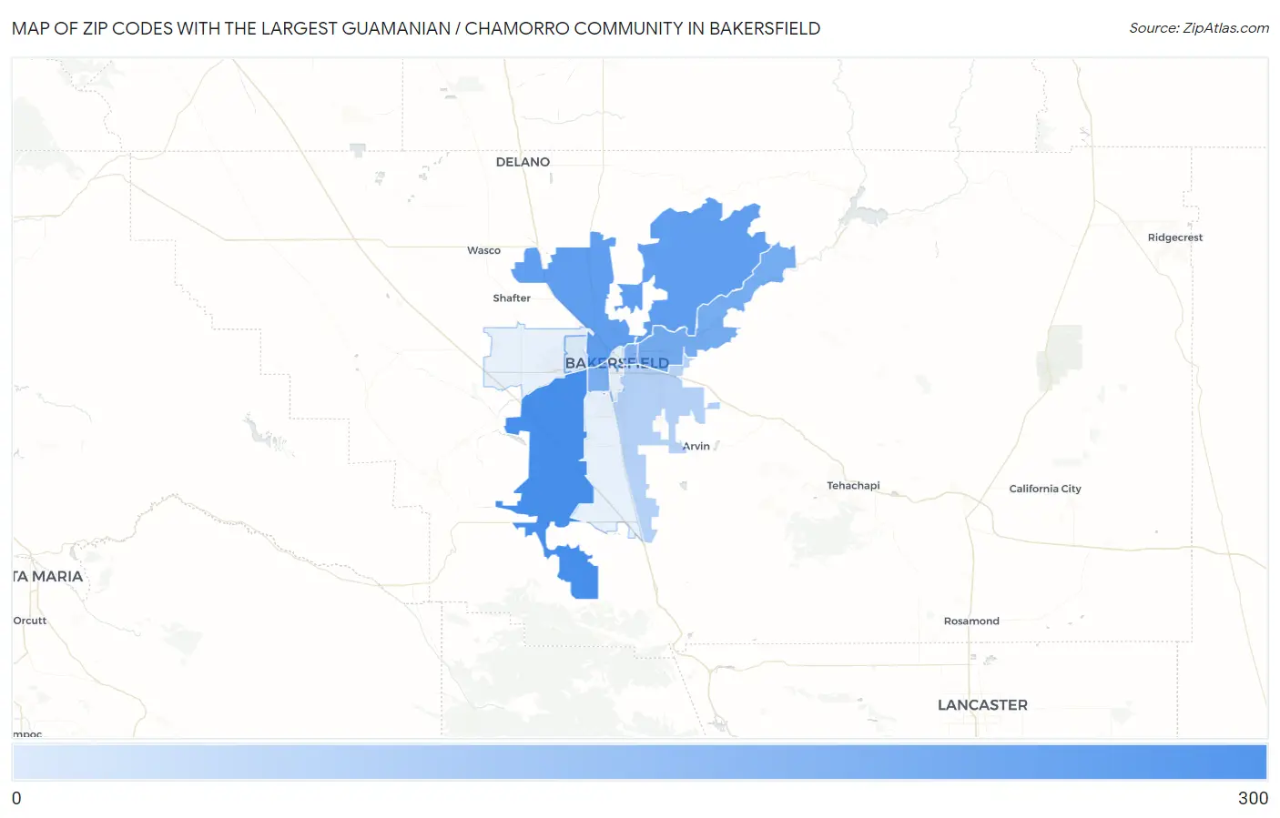 Zip Codes with the Largest Guamanian / Chamorro Community in Bakersfield Map