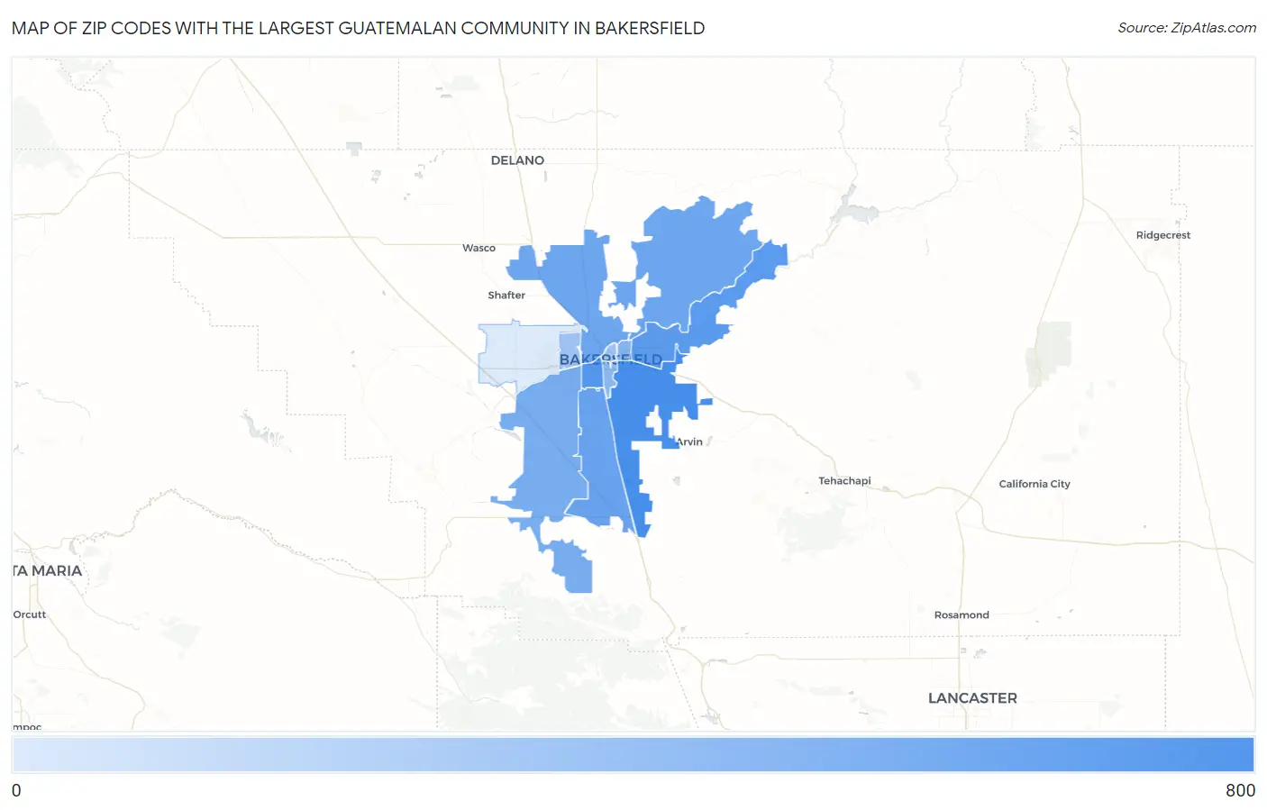 Zip Codes with the Largest Guatemalan Community in Bakersfield Map