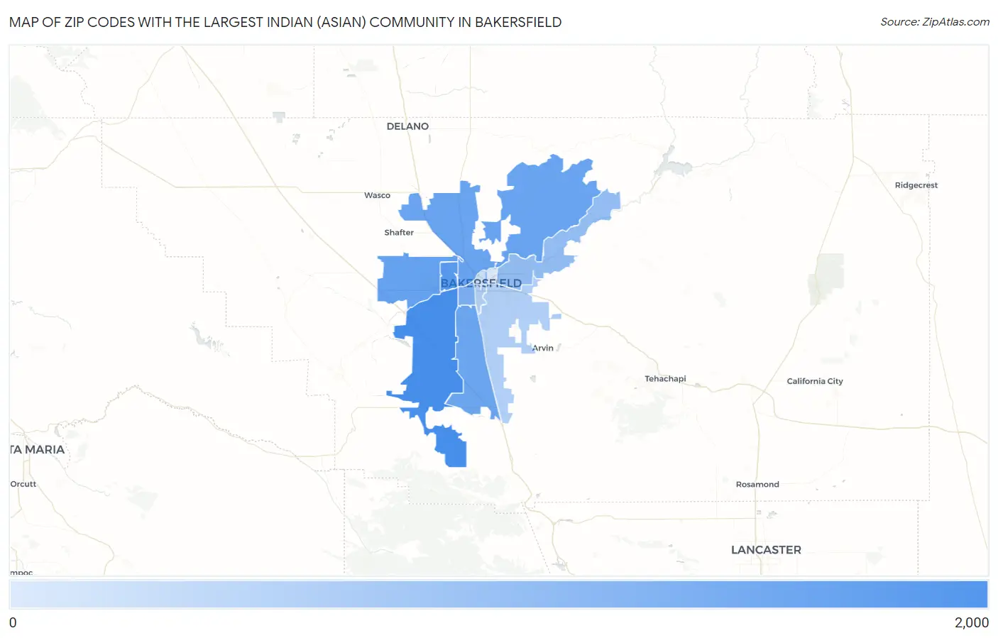 Zip Codes with the Largest Indian (Asian) Community in Bakersfield Map