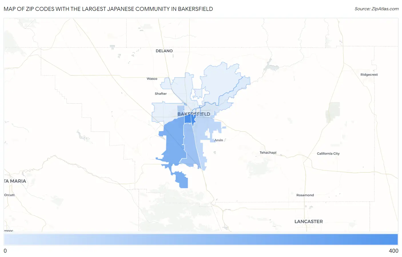 Zip Codes with the Largest Japanese Community in Bakersfield Map