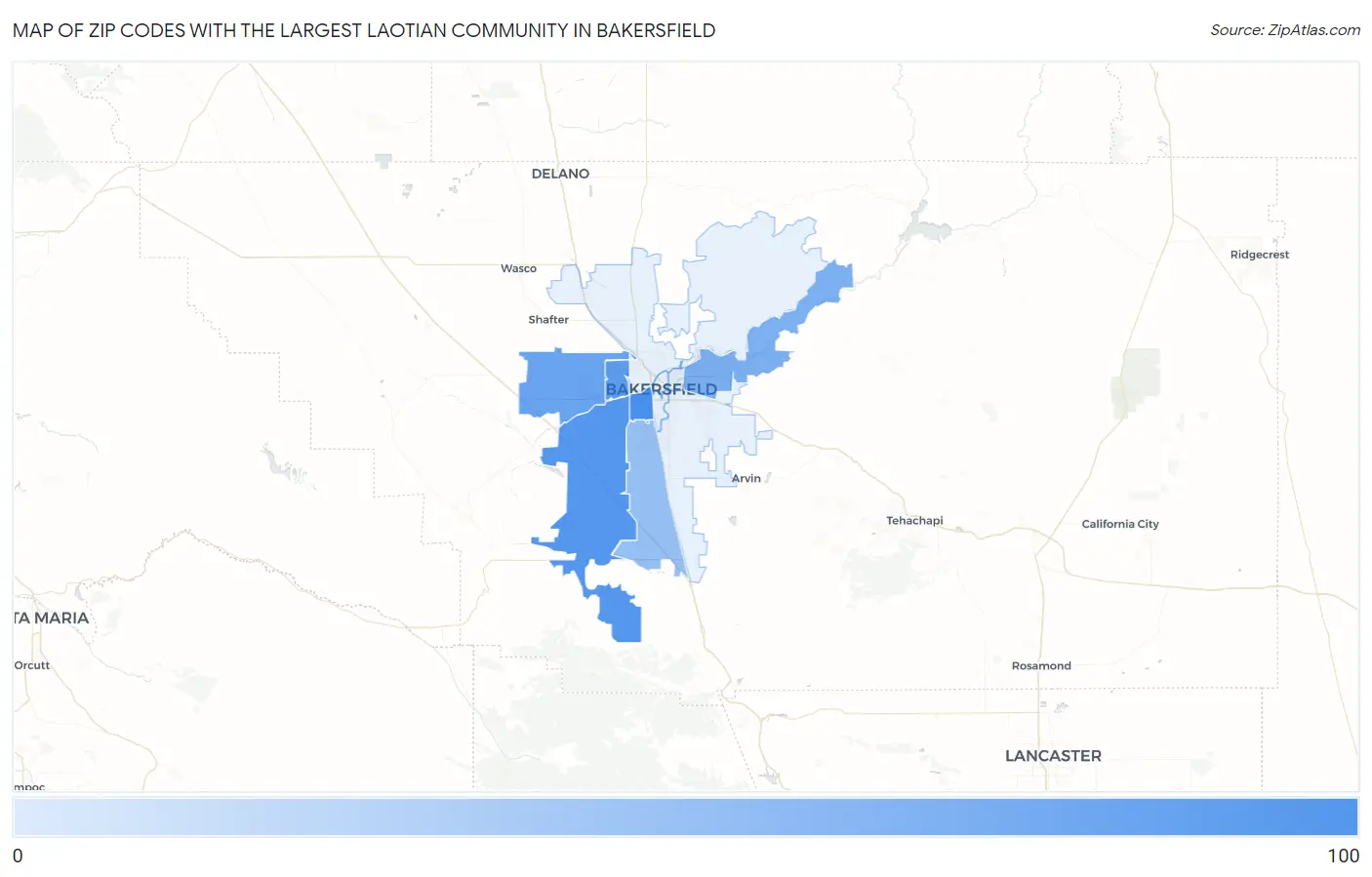 Zip Codes with the Largest Laotian Community in Bakersfield Map