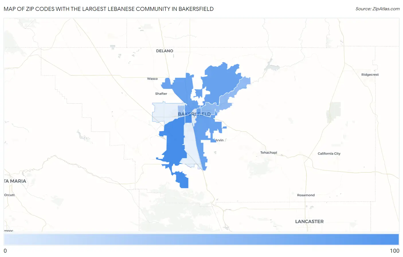 Zip Codes with the Largest Lebanese Community in Bakersfield Map