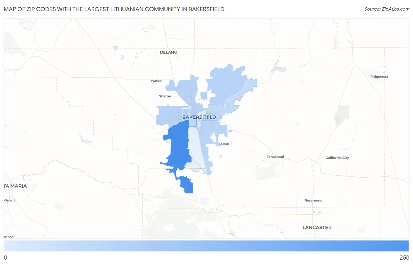 Zip Codes with the Largest Lithuanian Community in Bakersfield Map