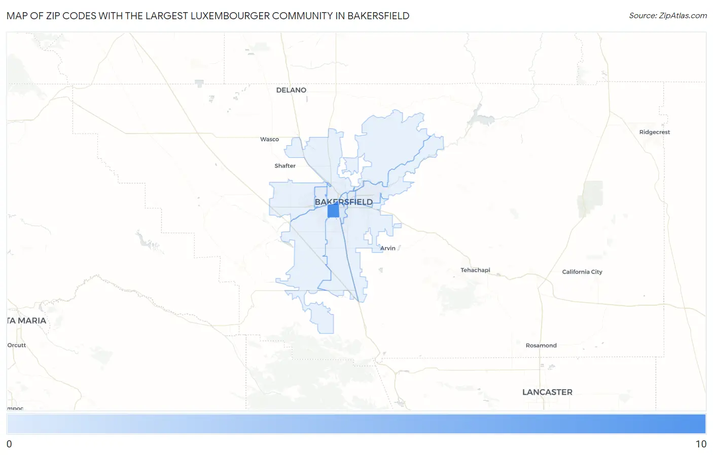 Zip Codes with the Largest Luxembourger Community in Bakersfield Map